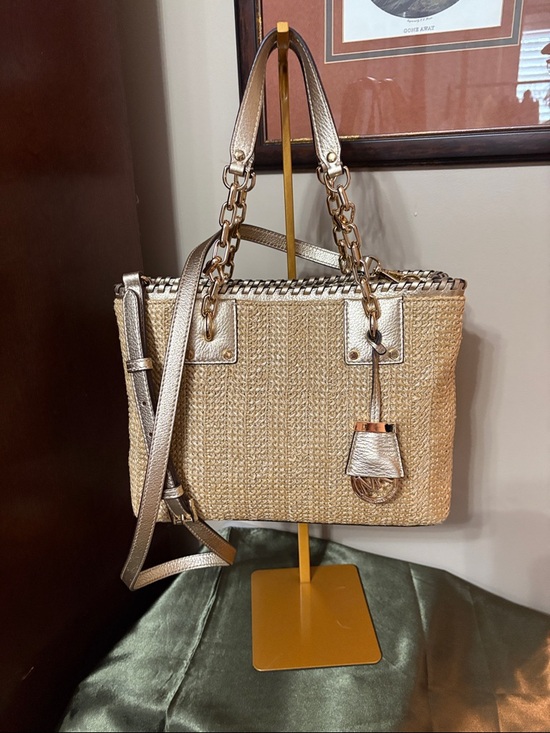Michael Kors Handbags - Michael Kors Rosalie Straw Tote with Gold Metallic Trim and Chain Handles